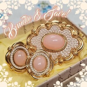 Vintage 80s Avon Gold and Pink Cabachon Brooch and Earring Set